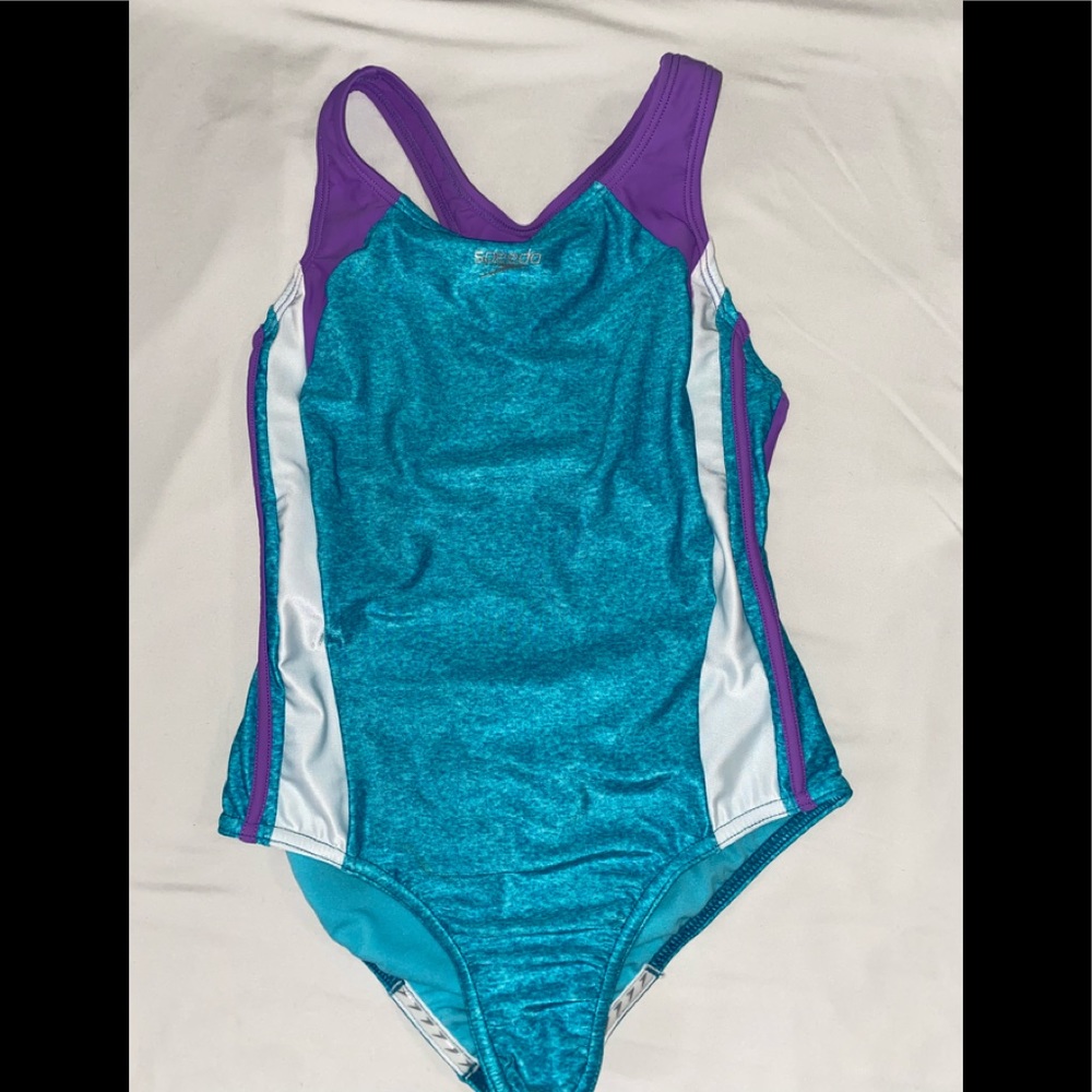 Turquoise and purple swimsuit